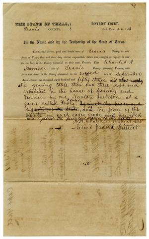 Primary view of object titled 'Documents pertaining to the case of The State of Texas vs. Charles A. Harrison, cause no. 321, 1853'.