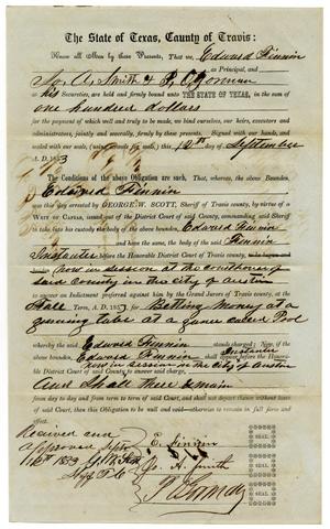 Primary view of object titled 'Documents pertaining to the case of The State of Texas vs. Edward Finnin, cause no. 322, 1853'.