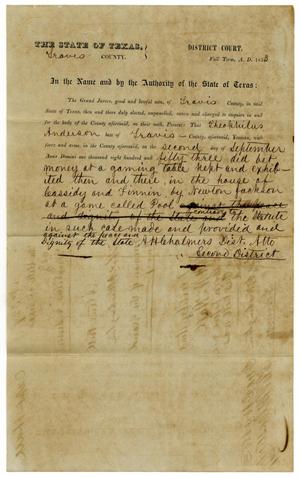 Documents pertaining to the case of The State of Texas vs. Theophilus Anderson, cause no. 329, 1853