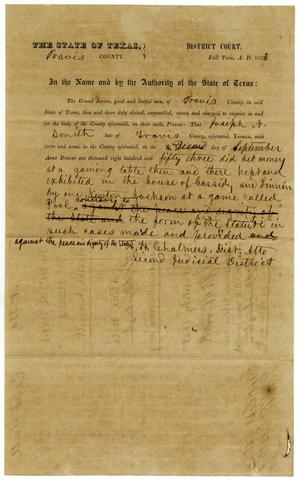 Documents pertaining to the case of The State of Texas vs. Joseph A. Smith, cause no. 330, 1853