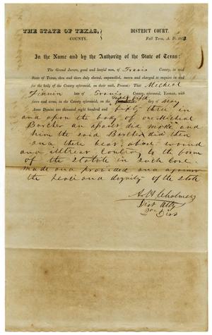 Documents pertaining to the case of The State of Texas vs. Michael Finnin, cause no. 332, 1853