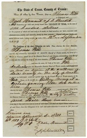 Documents pertaining to the case of The State of Texas vs. Thomas Pitts, cause no. 344, 1853
