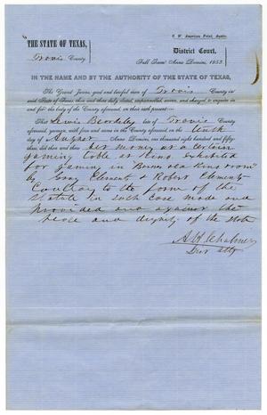 Documents pertaining to the case of The State of Texas vs. Lewis Beardsley, cause no. 345, 1853