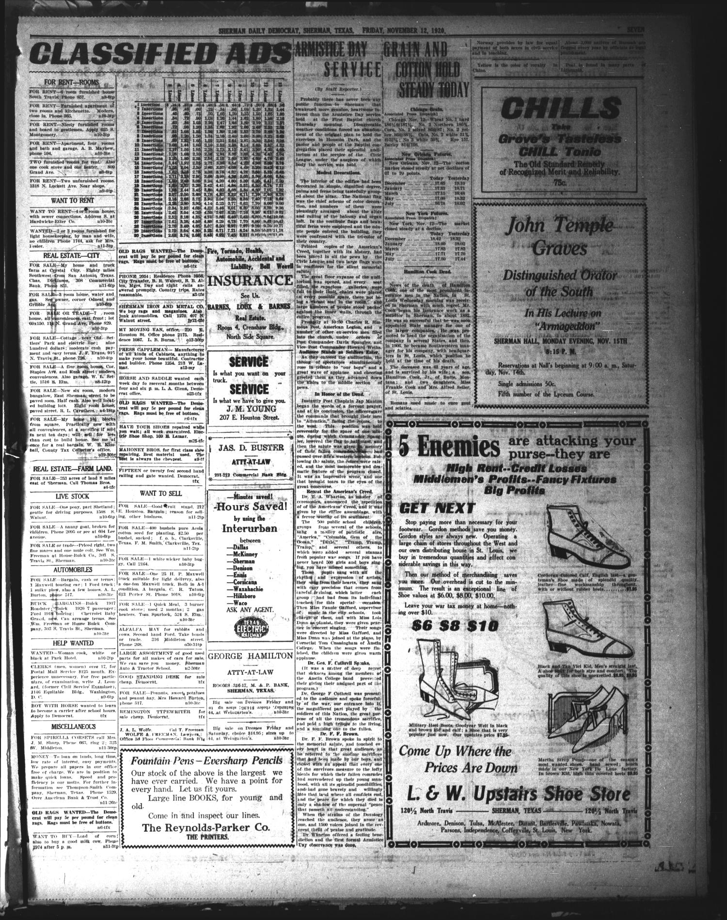 Sherman Daily Democrat (Sherman, Tex.), Vol. 40, No. 94, Ed. 1 Friday, November 12, 1920
                                                
                                                    [Sequence #]: 7 of 8
                                                
