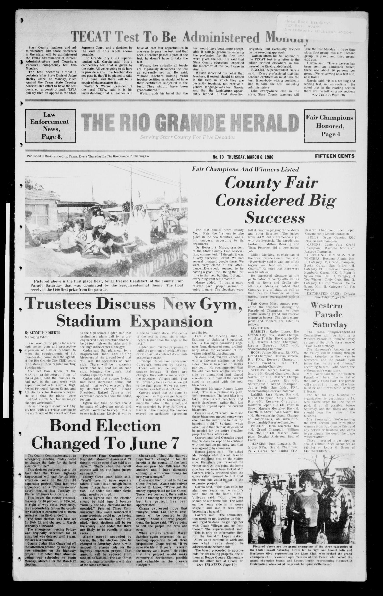 The Rio Grande Herald (Rio Grande City, Tex.), Vol. 40, No. 19, Ed. 1 Thursday, March 6, 1986
                                                
                                                    [Sequence #]: 1 of 10
                                                