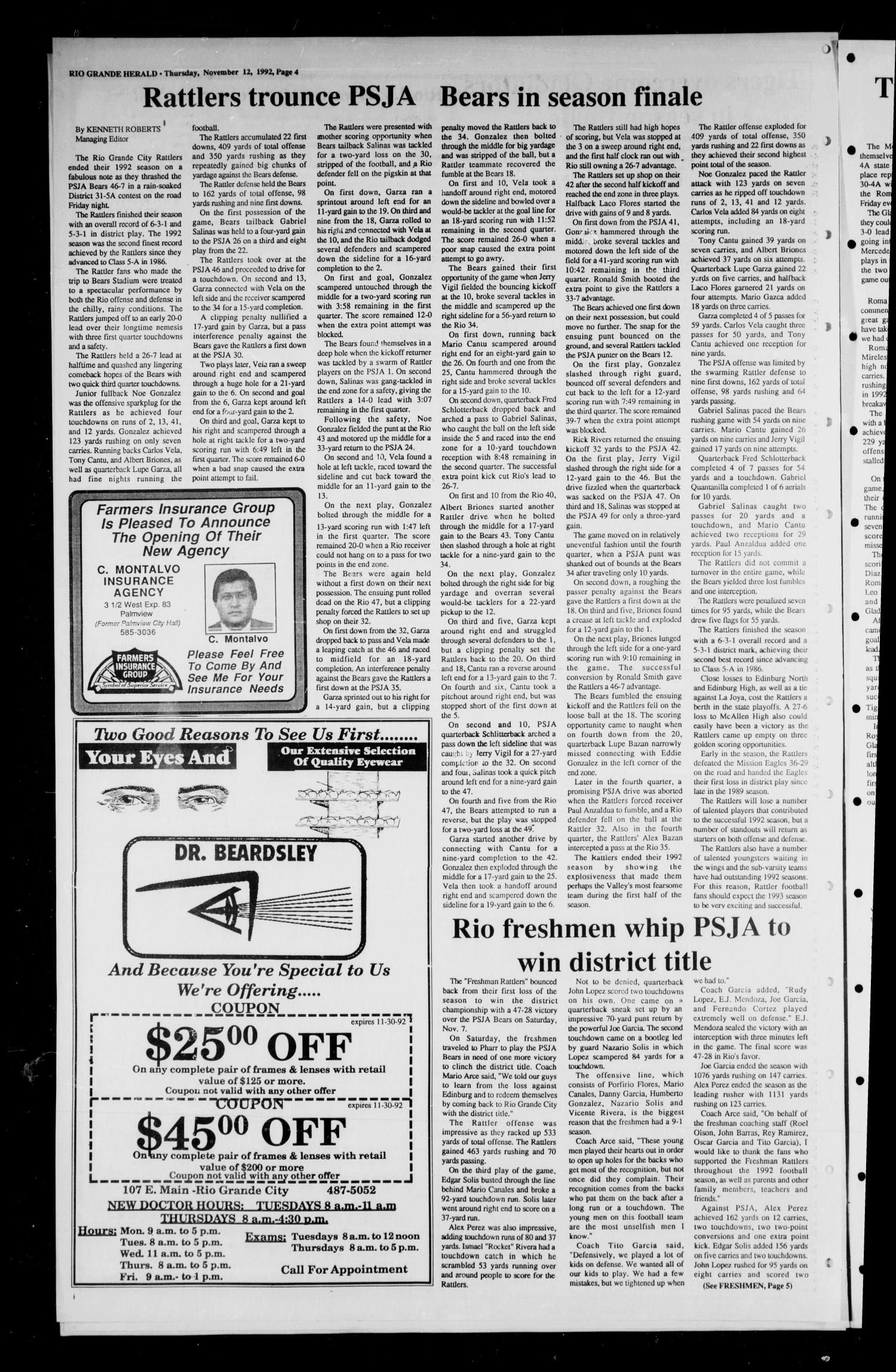 The Rio Grande Herald (Rio Grande City, Tex.), Vol. 80, No. 153, Ed. 1 Thursday, November 12, 1992
                                                
                                                    [Sequence #]: 4 of 10
                                                