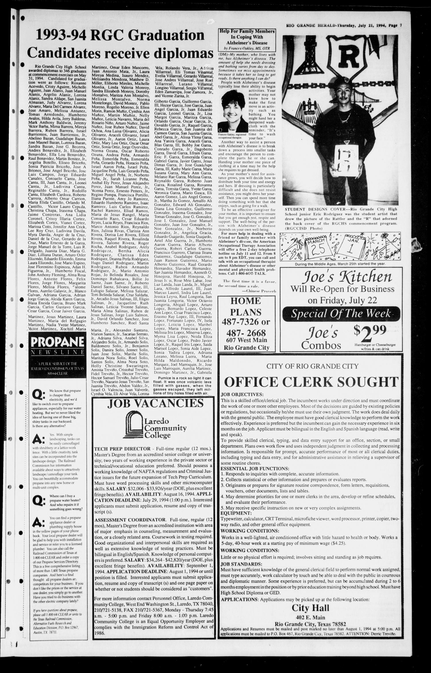 Rio Grande Herald Rio Grande City Tex Vol 81 No 35 Ed 1 Thursday July 21 1994 Page 7 Of 10 The Portal To Texas History
