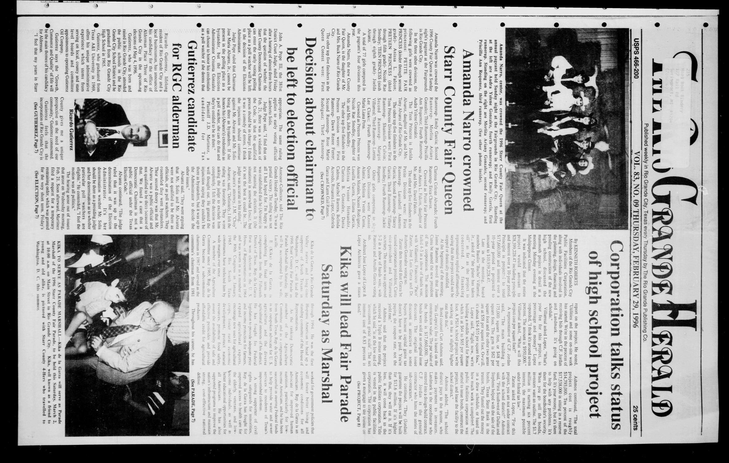 Rio Grande Herald (Rio Grande City, Tex.), Vol. 83, No. 9, Ed. 1 Thursday, February 29, 1996
                                                
                                                    [Sequence #]: 1 of 10
                                                
