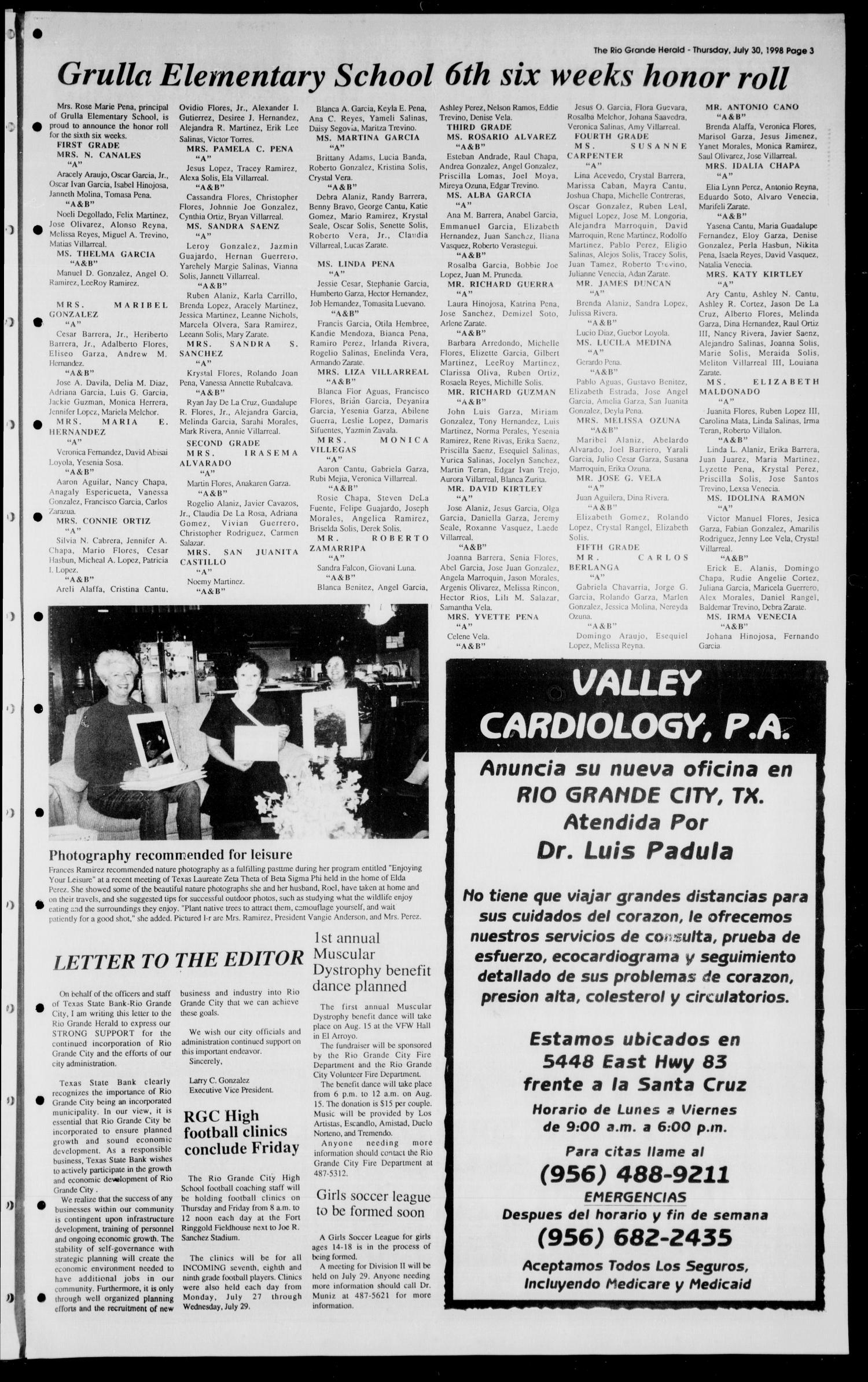 Rio Grande Herald (Rio Grande City, Tex.), Vol. 85, No. 31, Ed. 1 Thursday, July 30, 1998
                                                
                                                    [Sequence #]: 3 of 6
                                                