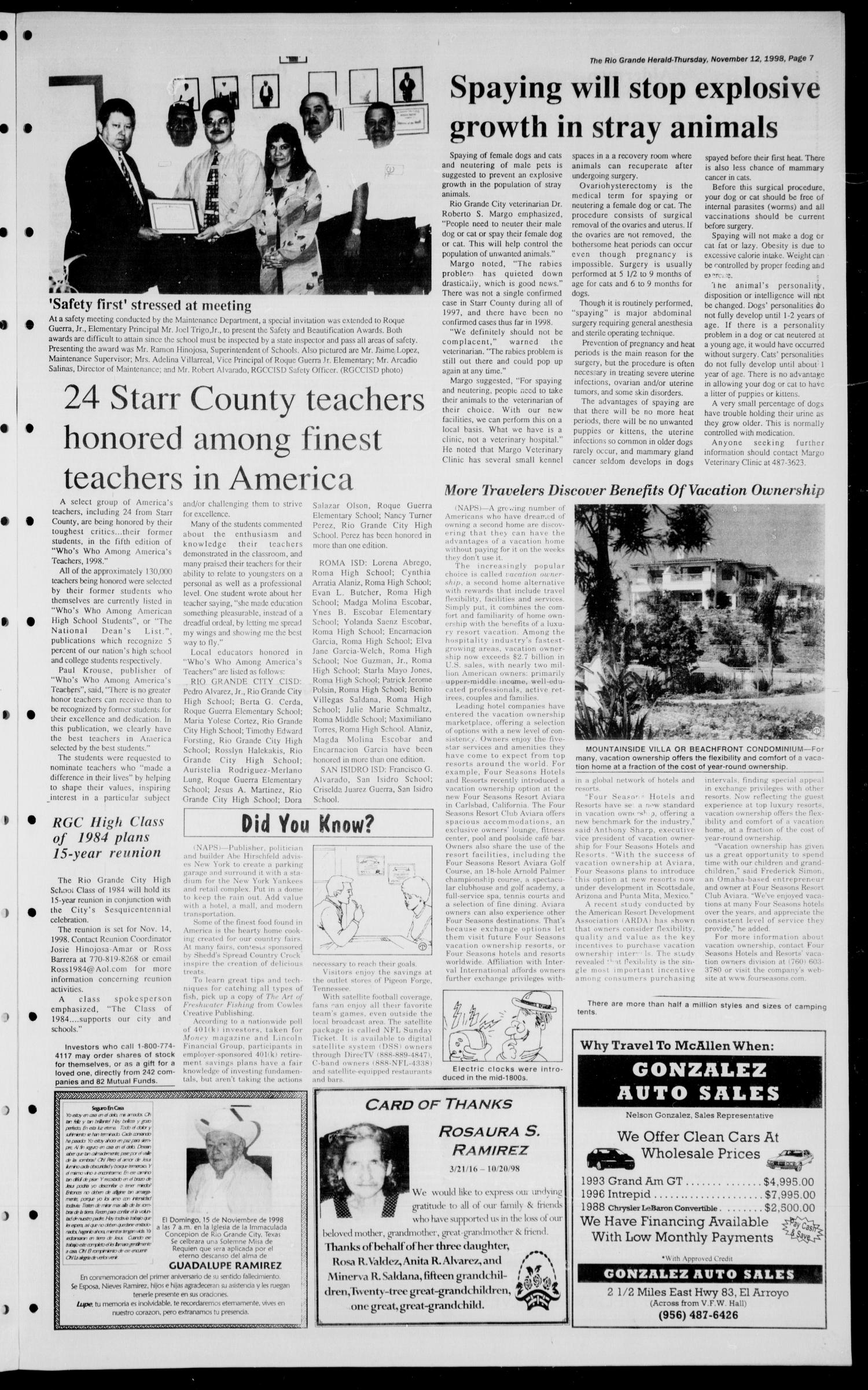 Rio Grande Herald (Rio Grande City, Tex.), Vol. 85, No. 46, Ed. 1 Thursday, November 12, 1998
                                                
                                                    [Sequence #]: 7 of 10
                                                