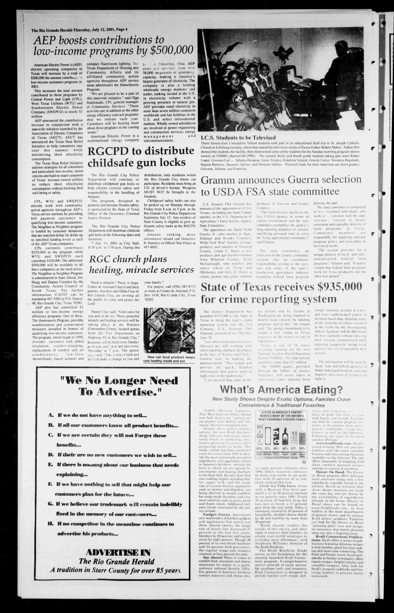 Rio Grande Herald (Rio Grande City, Tex.), Vol. 88, No. 26, Ed. 1 Thursday, July 12, 2001
                                                
                                                    [Sequence #]: 4 of 6
                                                