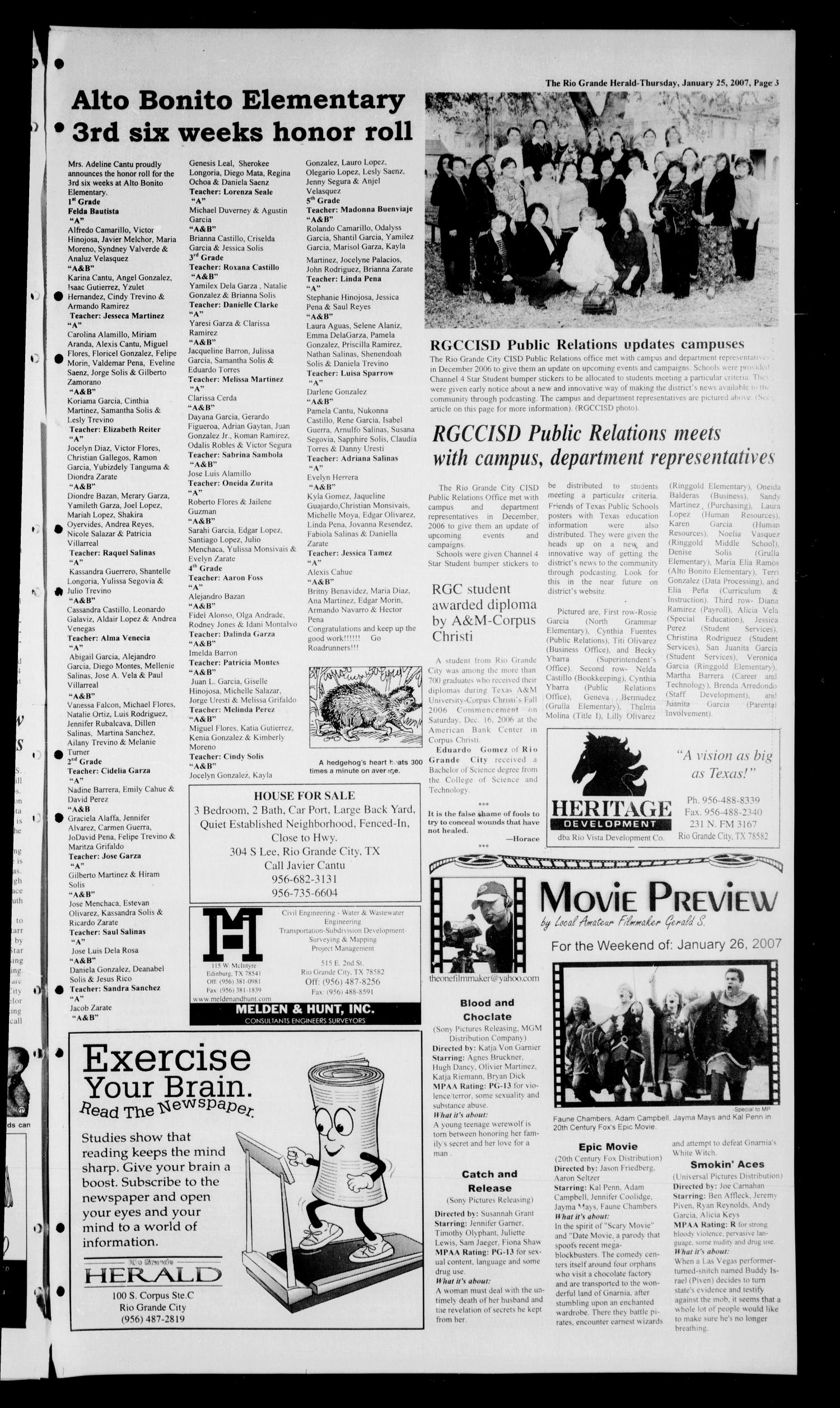 Rio Grande Herald (Rio Grande City, Tex.), Vol. 94, No. 4, Ed. 1 Thursday, January 25, 2007
                                                
                                                    [Sequence #]: 3 of 6
                                                