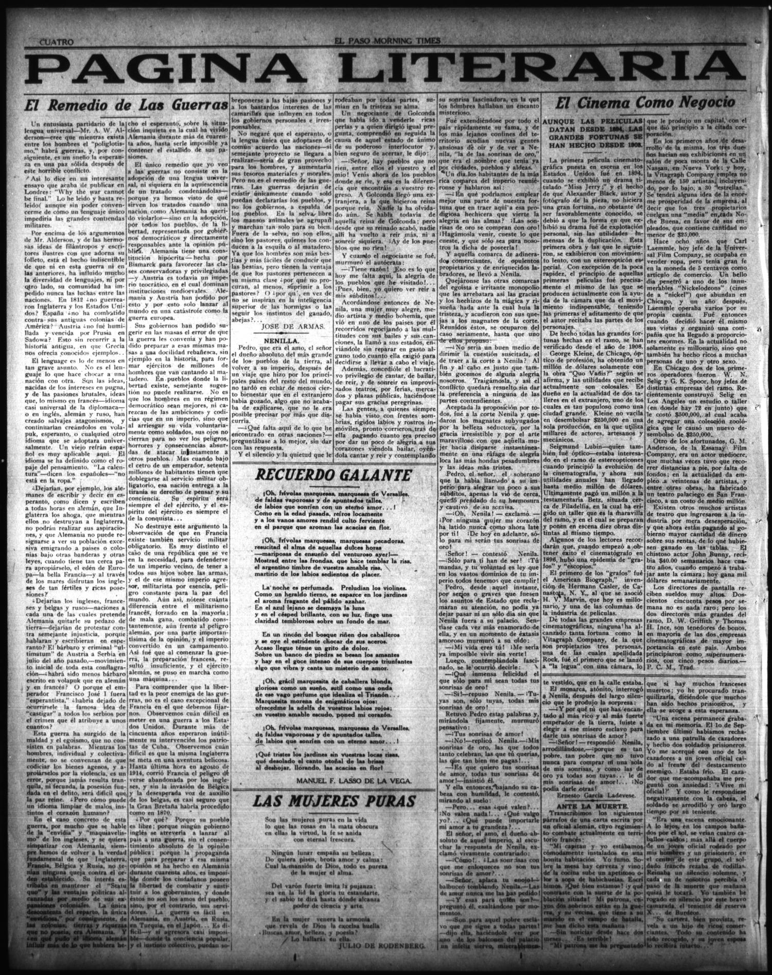 El Paso Morning Times (El Paso, Tex.), Vol. 35TH YEAR, Ed. 1, Monday, April 26, 1915
                                                
                                                    [Sequence #]: 4 of 4
                                                