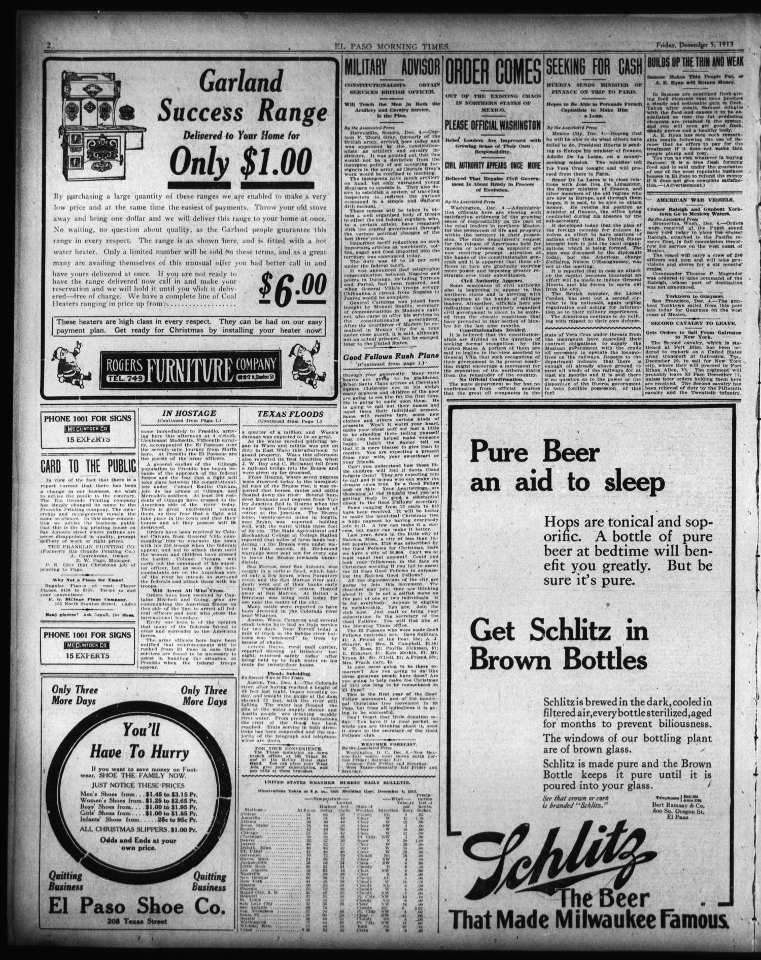 El Paso Morning Times (El Paso, Tex.), Vol. 34TH YEAR, Ed. 1, Friday, December 5, 1913
                                                
                                                    [Sequence #]: 2 of 16
                                                
