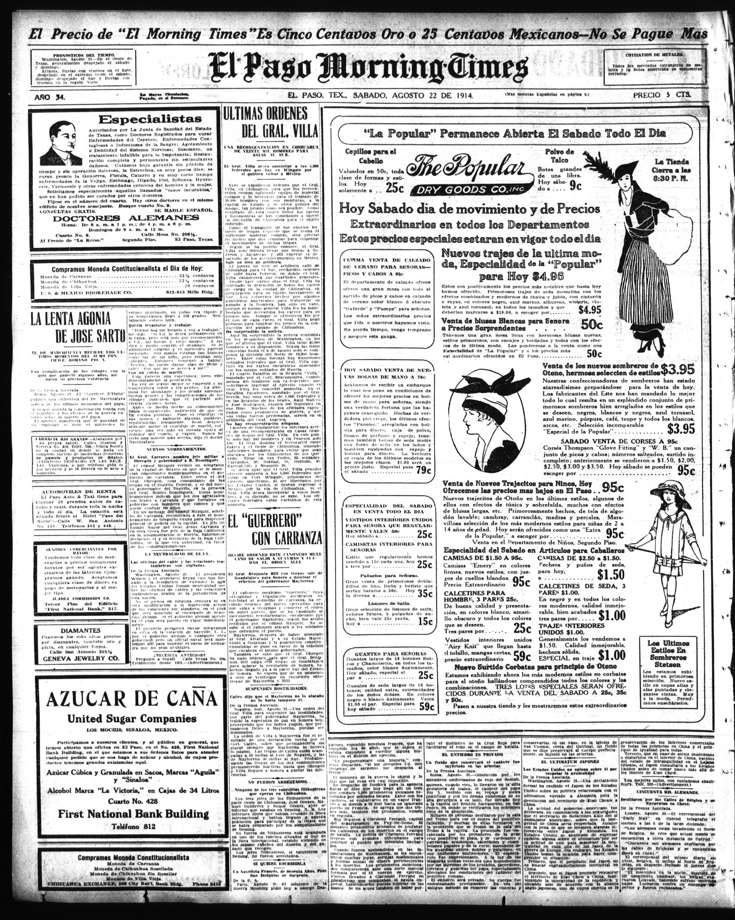 El Paso Morning Times (El Paso, Tex.), Vol. 34TH YEAR, Ed. 1, Saturday,  August 22, 1914 - Page 8 of 12 - The Portal to Texas History