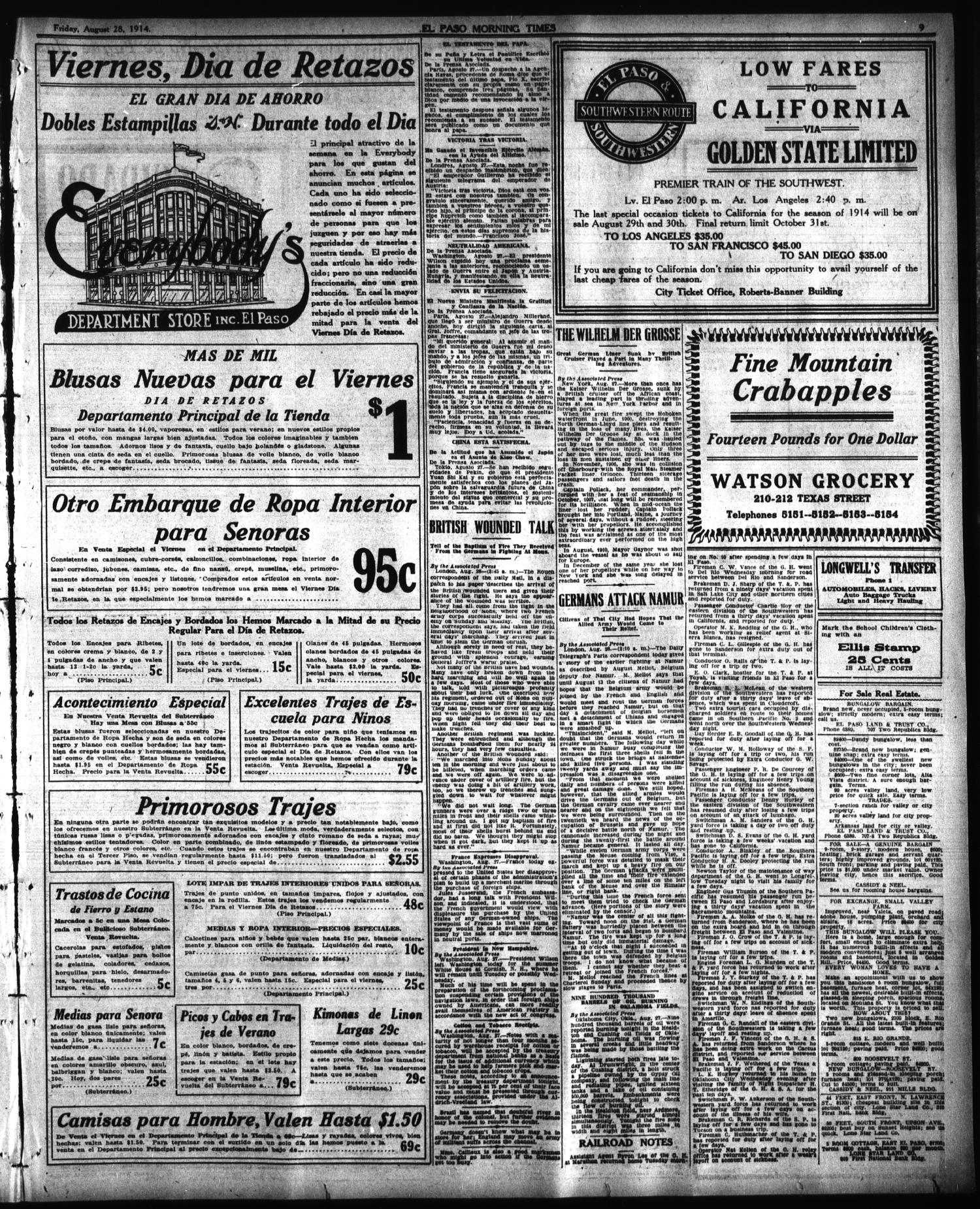 El Paso Morning Times (El Paso, Tex.), Vol. 34TH YEAR, Ed. 1, Friday, August 28, 1914
                                                
                                                    [Sequence #]: 9 of 14
                                                