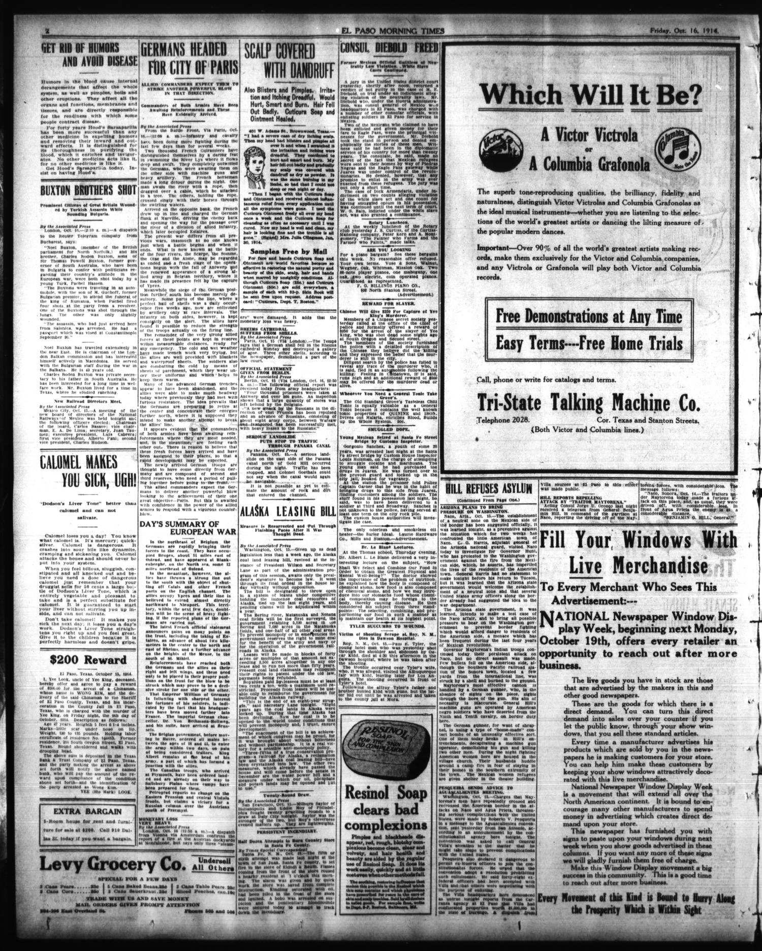 El Paso Morning Times (El Paso, Tex.), Vol. 35TH YEAR, Ed. 1, Friday, October 16, 1914
                                                
                                                    [Sequence #]: 2 of 16
                                                