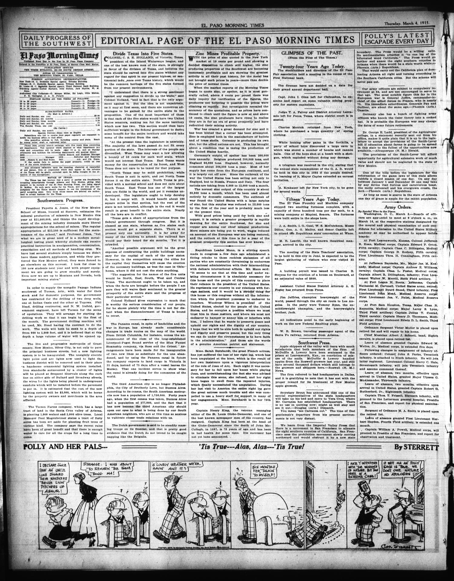 El Paso Morning Times (El Paso, Tex.), Vol. 35TH YEAR, Ed. 1, Thursday, March 4, 1915
                                                
                                                    [Sequence #]: 6 of 16
                                                