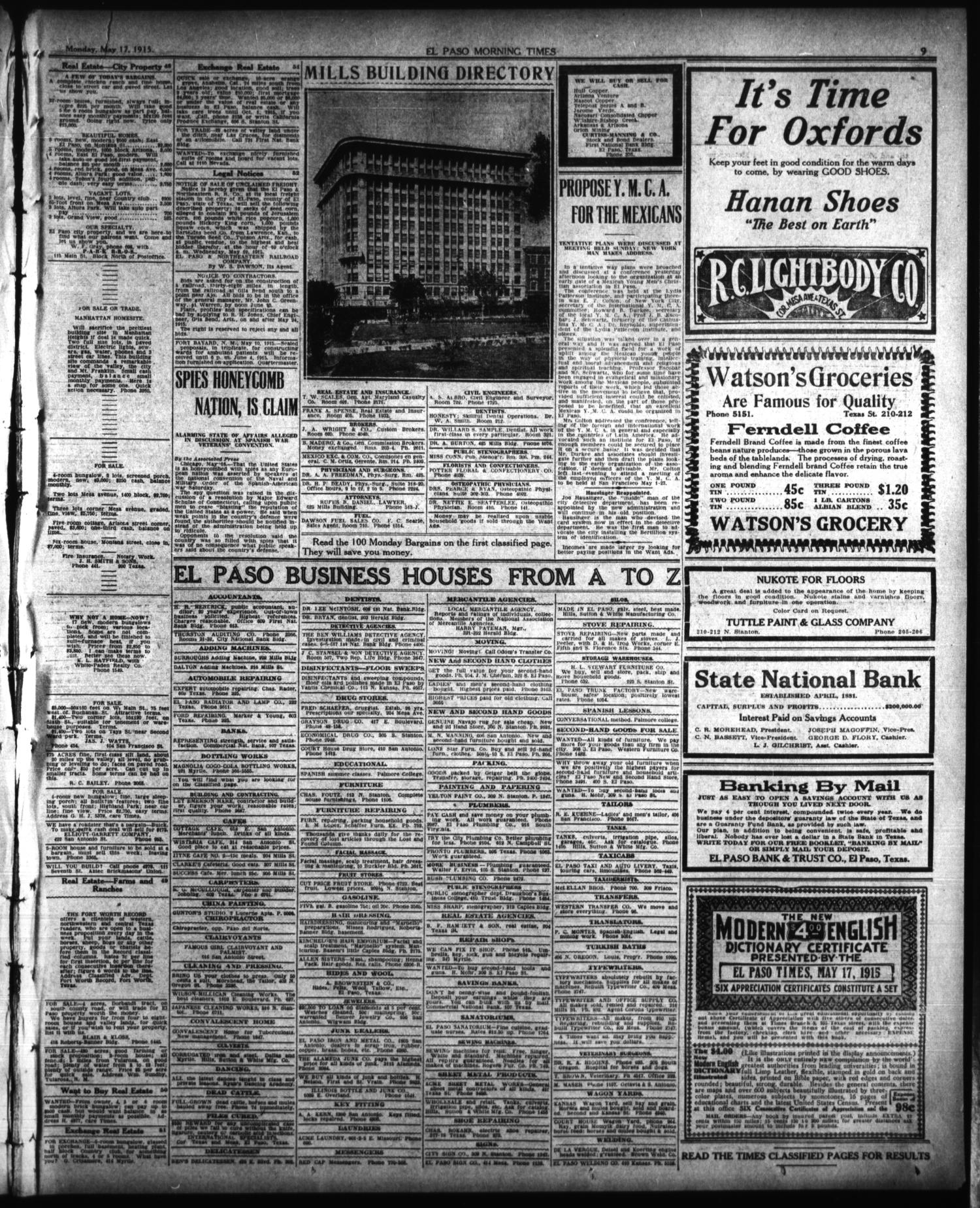 El Paso Morning Times (El Paso, Tex.), Vol. 35TH YEAR, Ed. 1, Monday, May 17, 1915
                                                
                                                    [Sequence #]: 9 of 10
                                                