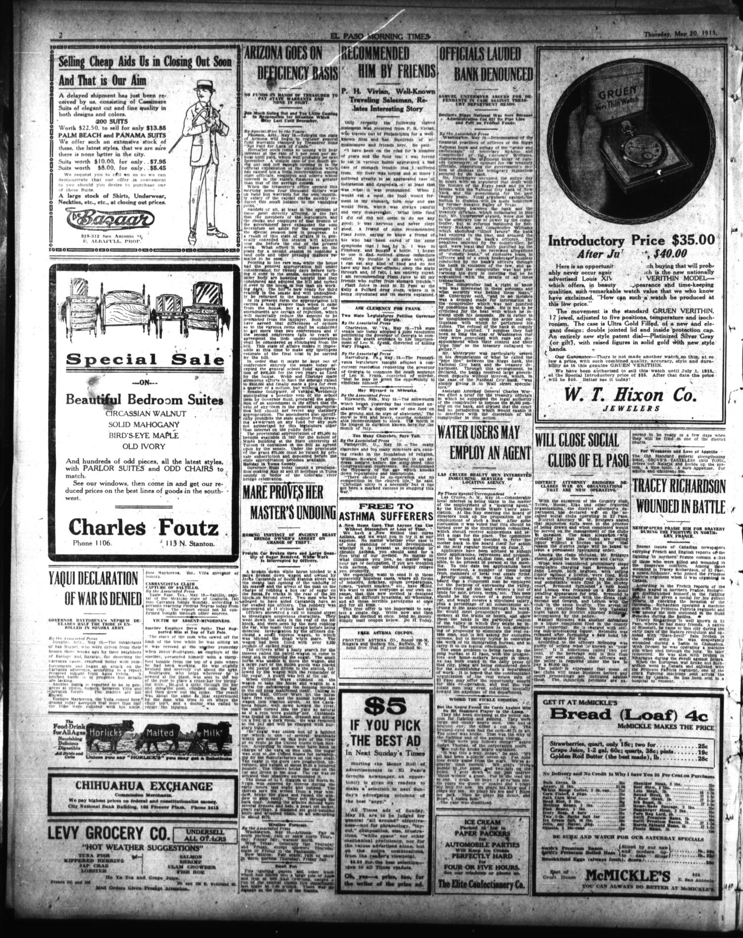 El Paso Morning Times (El Paso, Tex.), Vol. 35TH YEAR, Ed. 1, Thursday, May 20, 1915
                                                
                                                    [Sequence #]: 2 of 12
                                                