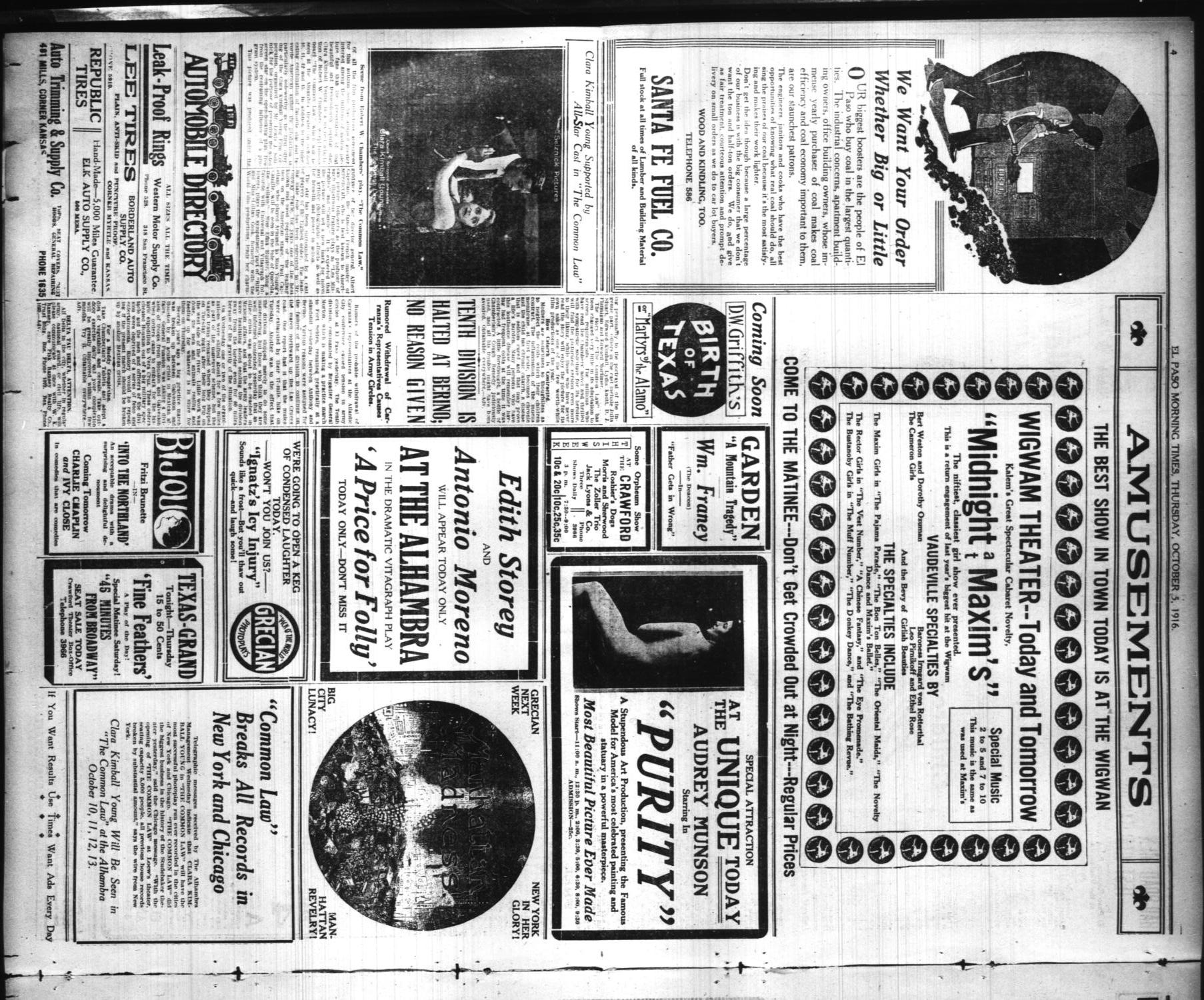 El Paso Morning Times (El Paso, Tex.), Vol. 37TH YEAR, Ed. 1, Thursday, October 5, 1916
                                                
                                                    [Sequence #]: 4 of 12
                                                