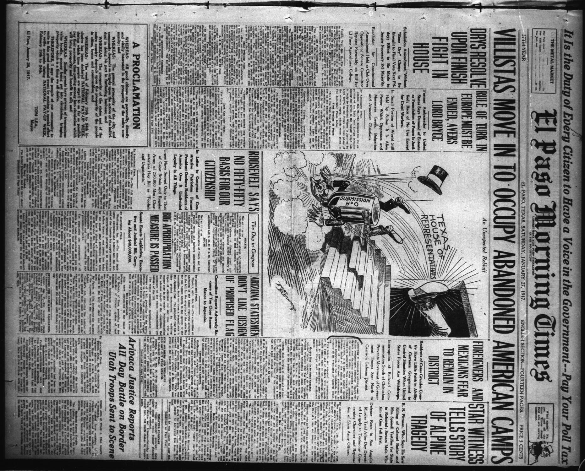 El Paso Morning Times (El Paso, Tex.), Vol. 37TH YEAR, Ed. 1, Saturday, January 27, 1917
                                                
                                                    [Sequence #]: 1 of 14
                                                