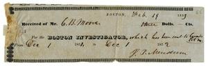 Primary view of object titled '[Receipt for Boston Investigator, February 19, 1853]'.