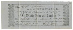 Primary view of object titled '[Receipt from Tri-Weekly Union and American, September 14, 1854]'.