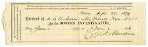 Primary view of object titled '[Receipt for Charles B. Moore from the Boston Investigator, September 25, 1874]'.