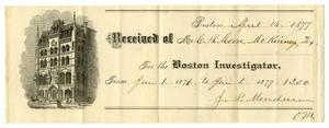 Primary view of object titled '[Receipt for Charles B. Moore from the Boston Investigator, April 14, 1877]'.
