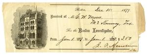 Primary view of object titled '[Receipt for Charles B. Moore from the Boston Investigator, December 15, 1879]'.