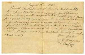 Primary view of object titled '[Letter of Recommendation to Provost Marshall for Ziza Moore, August 12, 1863]'.