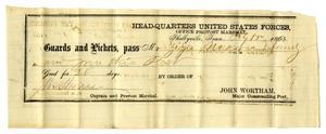 Primary view of object titled '[Military pass for Ziza Moore, February 17, 1865]'.