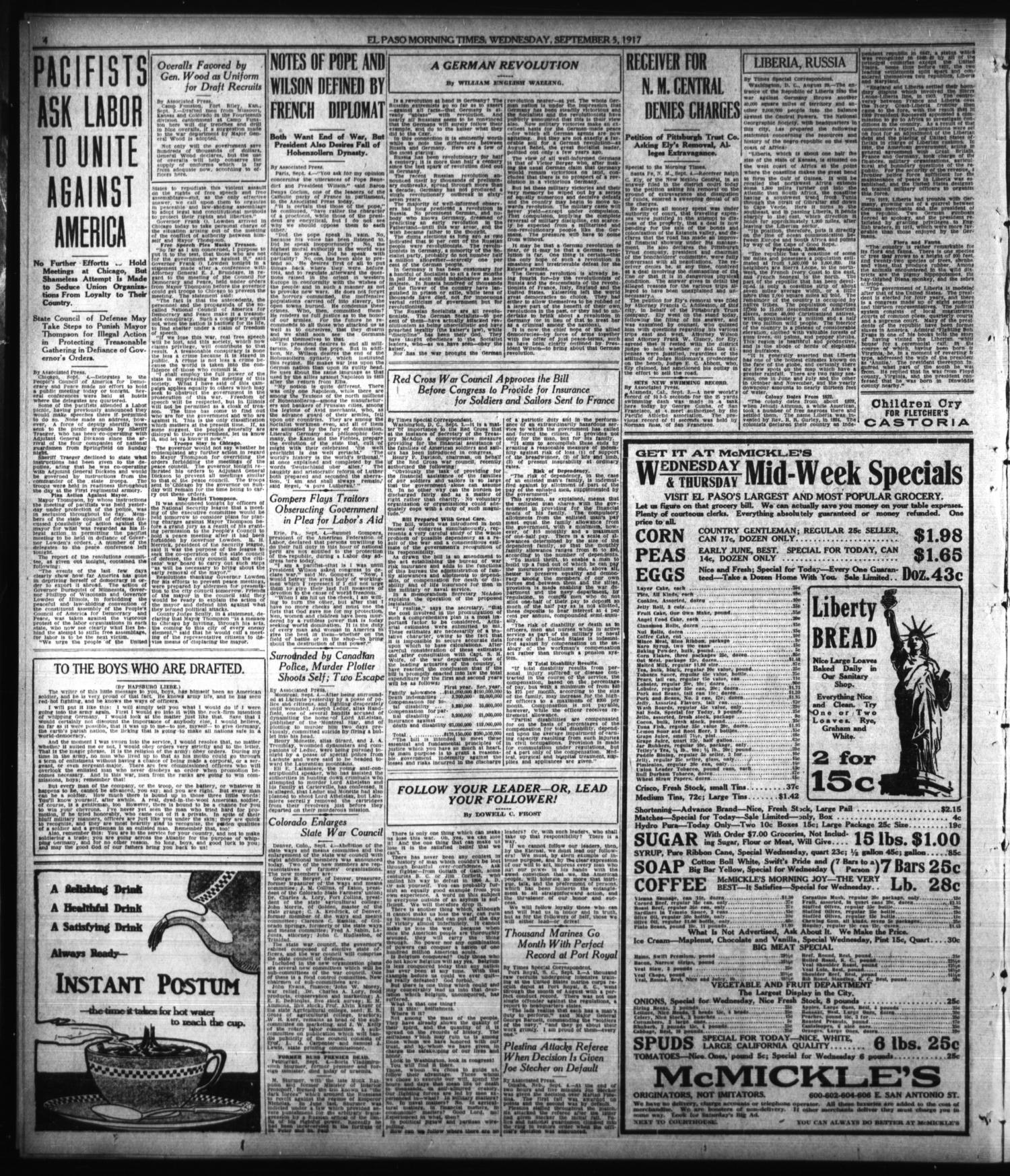 El Paso Morning Times (El Paso, Tex.), Vol. 38TH YEAR, Ed. 2, Wednesday, September 5, 1917
                                                
                                                    [Sequence #]: 4 of 12
                                                