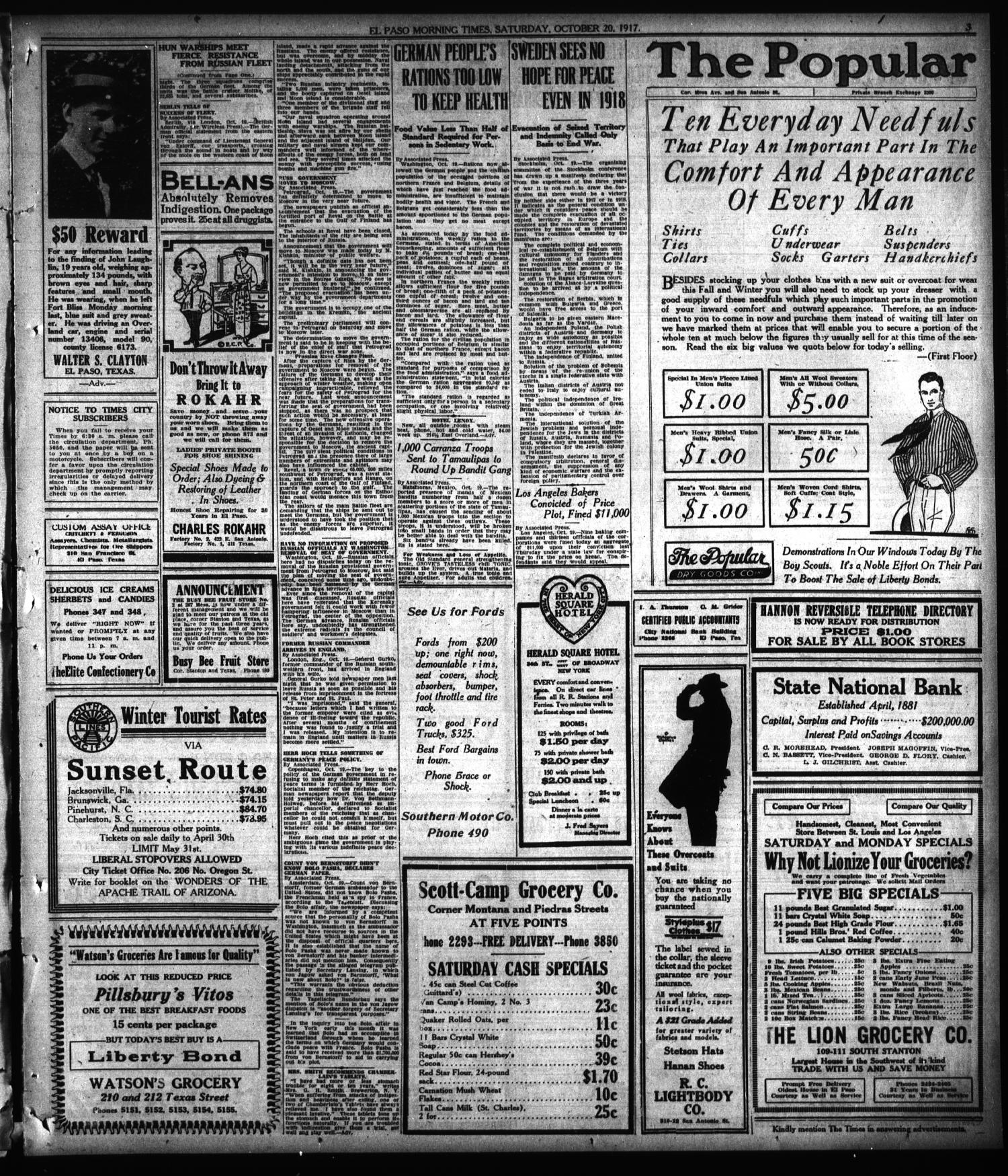 El Paso Morning Times El Paso Tex Vol 38th Year Ed 1 Saturday October 1917 Page 3 Of 12 The Portal To Texas History