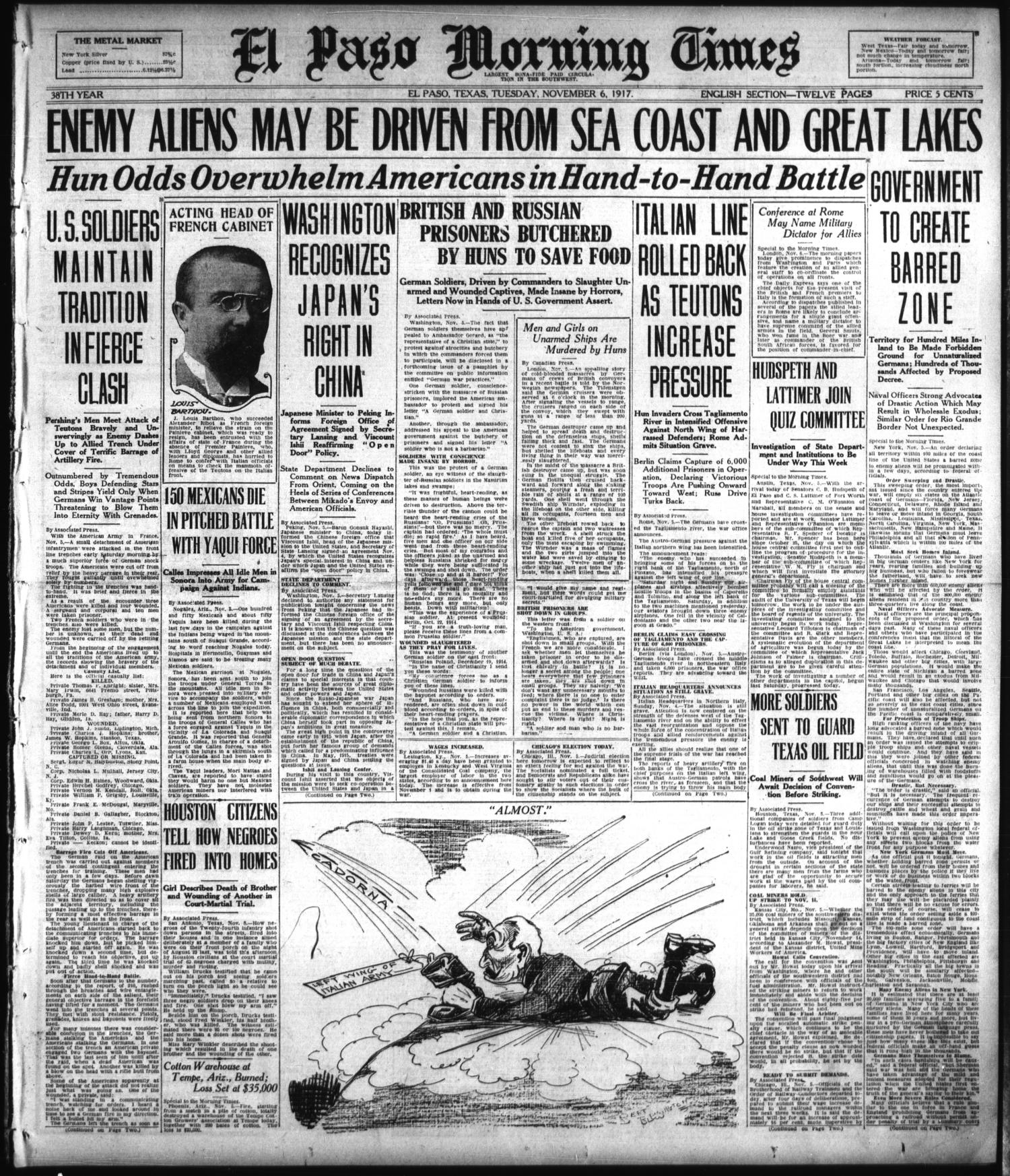 El Paso Morning Times (El Paso, Tex.), Vol. 38TH YEAR, Ed. 1, Tuesday, November 6, 1917
                                                
                                                    [Sequence #]: 1 of 12
                                                