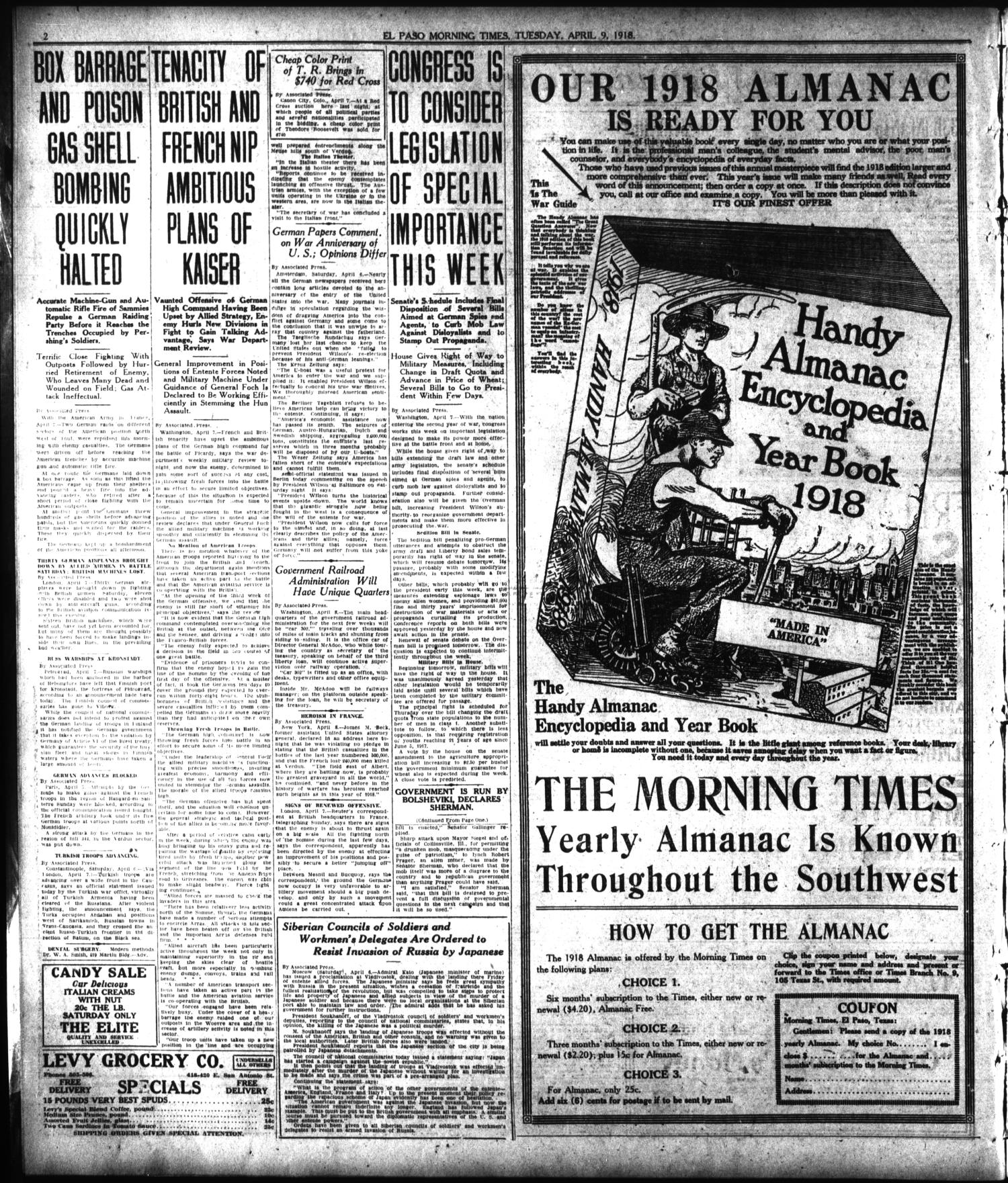 Download El Paso Morning Times El Paso Tex Vol 38th Year Ed 2 Tuesday April 9 1918 Page 2 Of 10 The Portal To Texas History