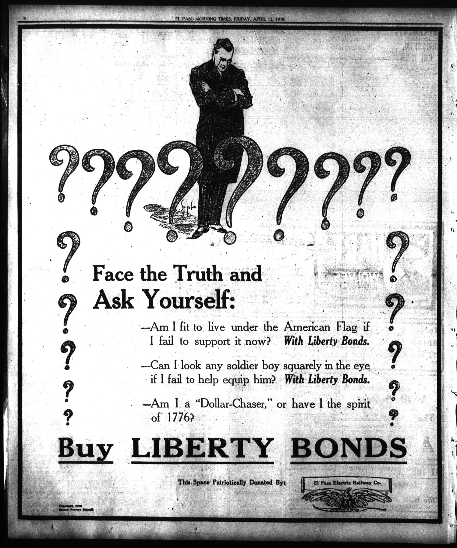 El Paso Morning Times (El Paso, Tex.), Vol. 38TH YEAR, Ed. 1, Friday, April 12, 1918
                                                
                                                    [Sequence #]: 4 of 12
                                                
