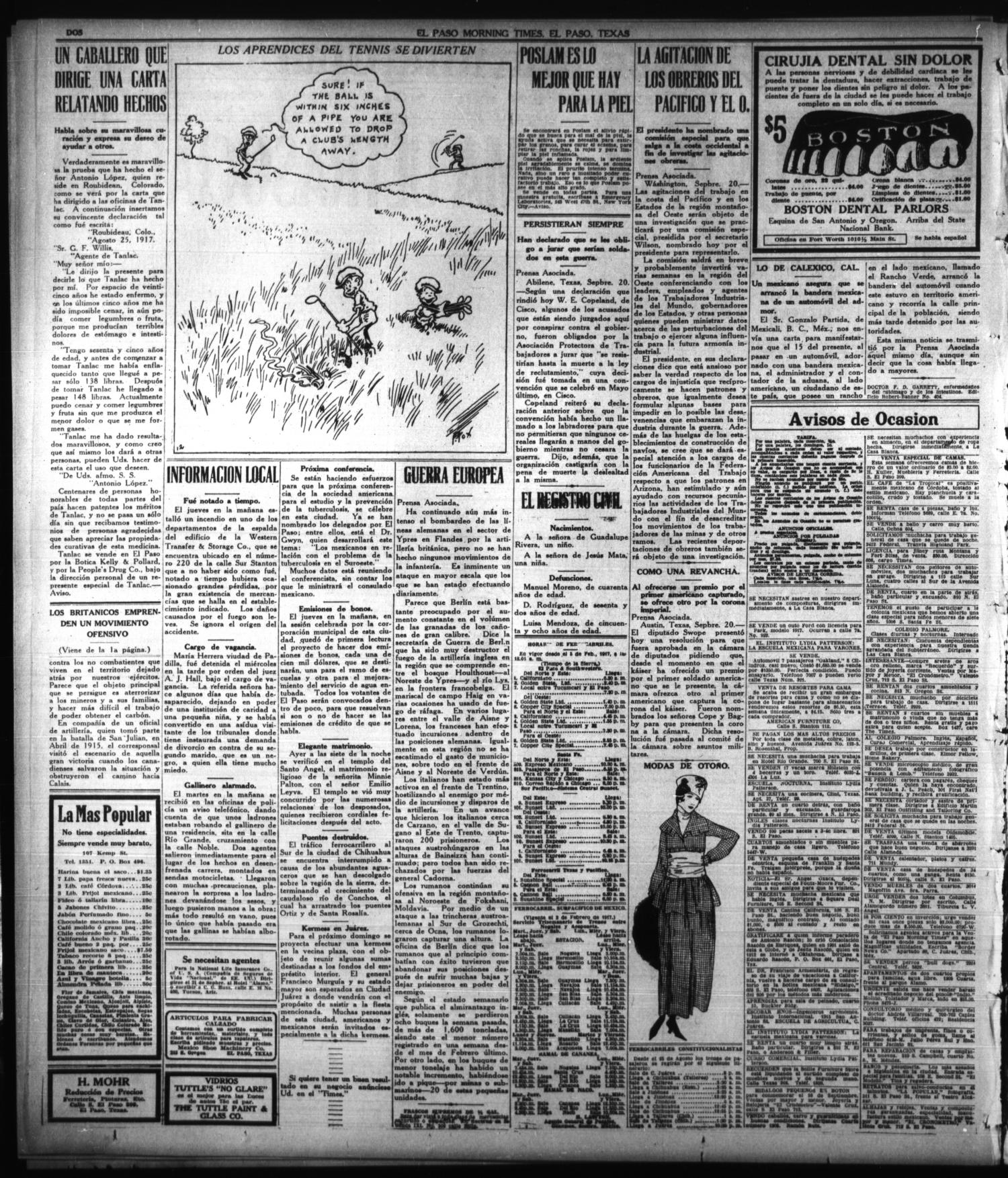 El Paso Morning Times (El Paso, Tex.), Vol. 38TH YEAR, Ed. 1, Friday, September 21, 1917
                                                
                                                    [Sequence #]: 2 of 4
                                                