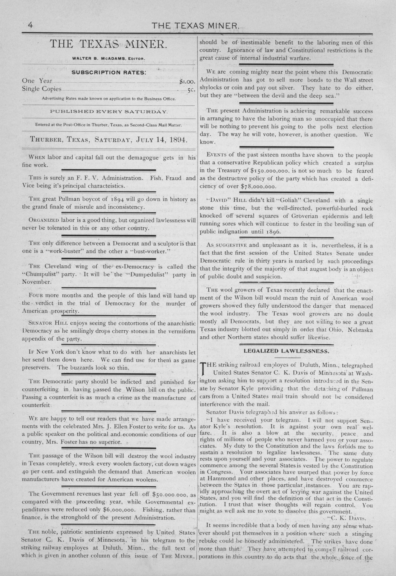 The Texas Miner, Volume 1, Number 26, July 14, 1894
                                                
                                                    4
                                                