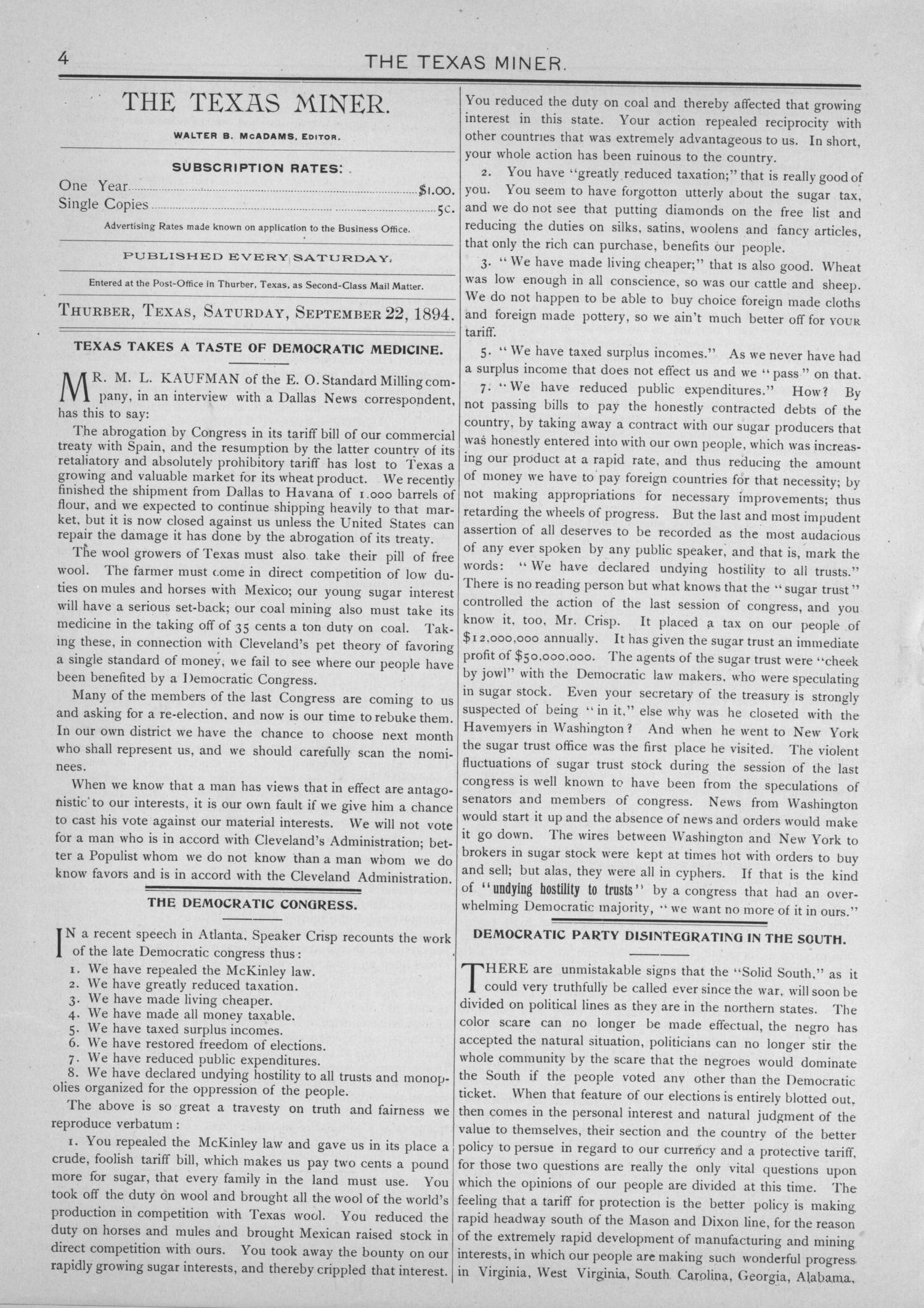 The Texas Miner, Volume 1, Number 36, September 22, 1894
                                                
                                                    4
                                                