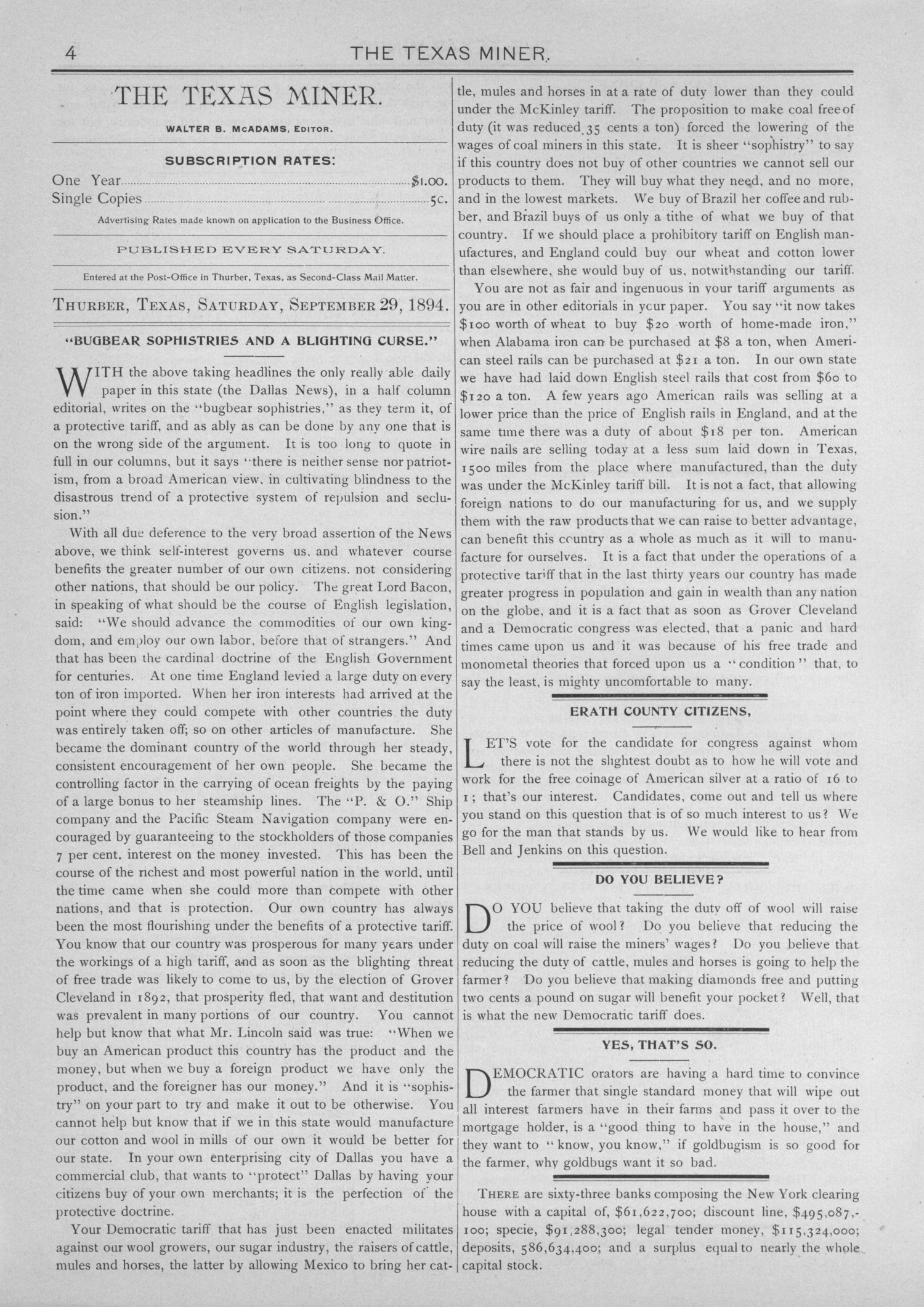 The Texas Miner, Volume 1, Number 37, September 29, 1894
                                                
                                                    4
                                                