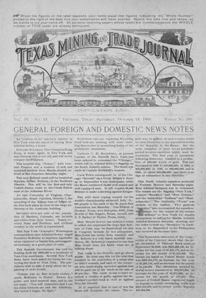 Primary view of object titled 'Texas Mining and Trade Journal, Volume 4, Number 13, Saturday, October 14, 1899'.