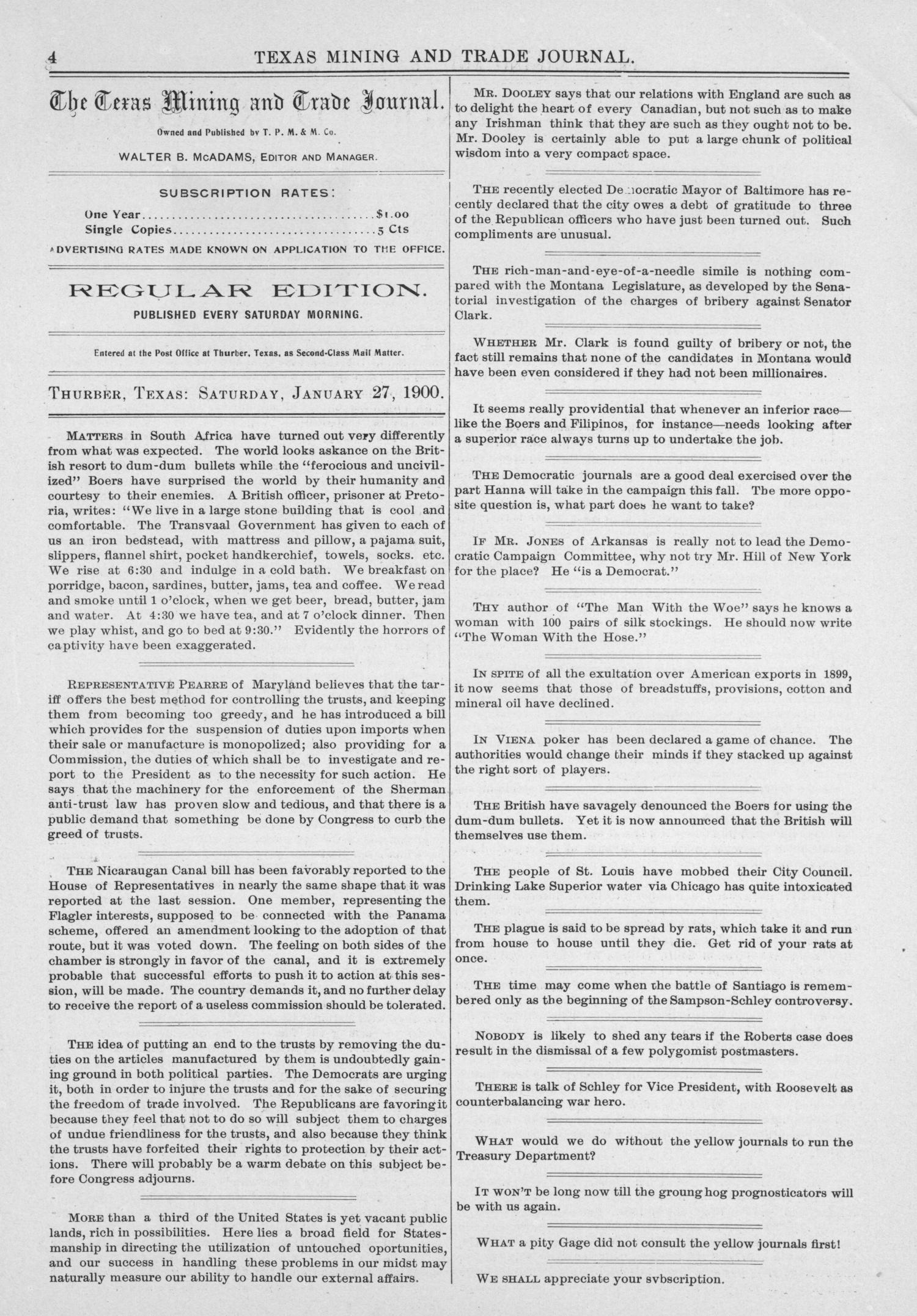 Texas Mining and Trade Journal, Volume 4, Number 28, Saturday, January 27, 1900
                                                
                                                    4
                                                