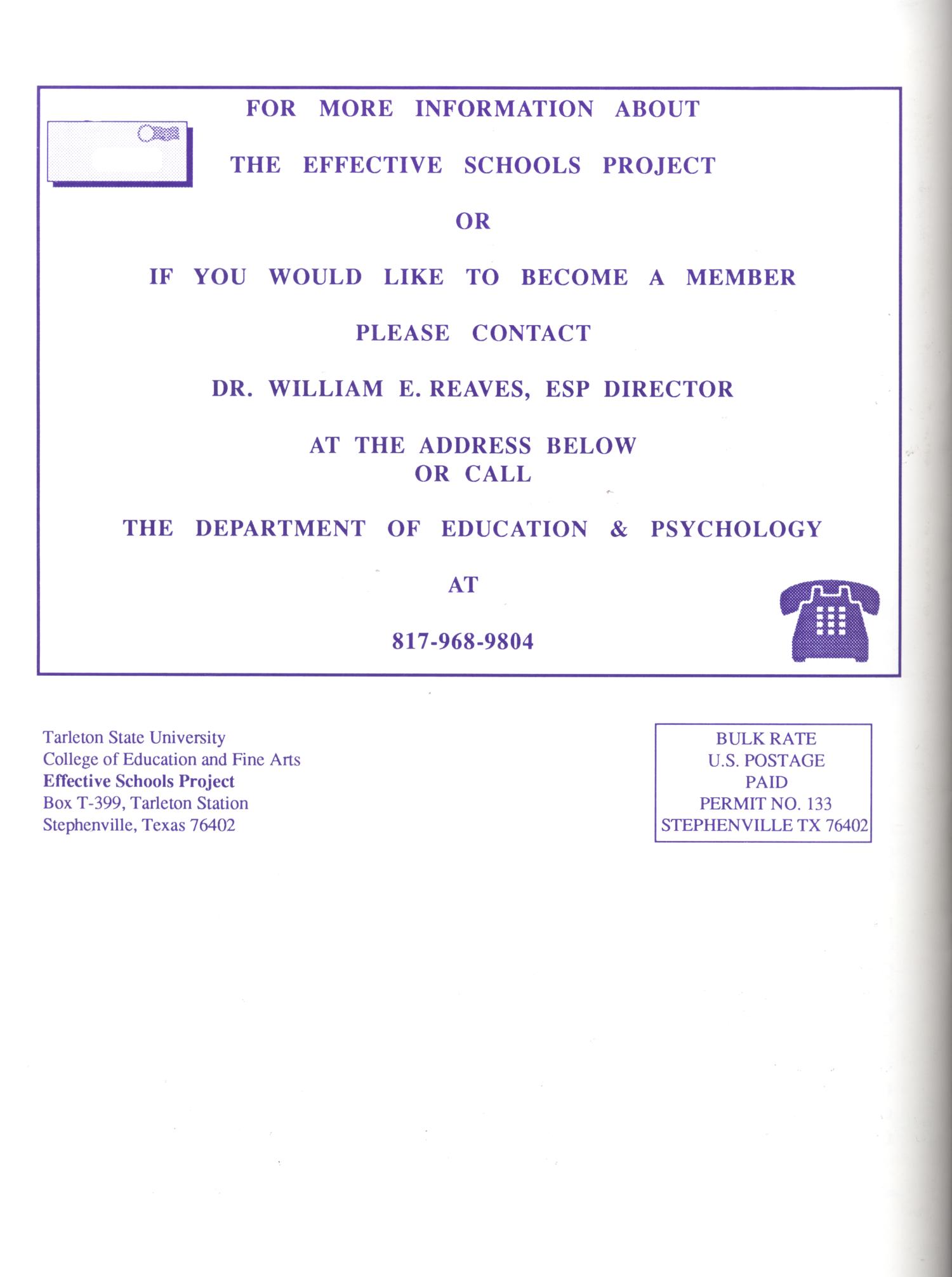 Journal of the Effective Schools Project, Volume 1, 1994
                                                
                                                    Back Cover
                                                