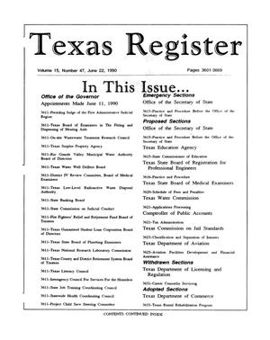 Primary view of object titled 'Texas Register, Volume 15, Number 47, Pages 3601-3669, June 22, 1990'.