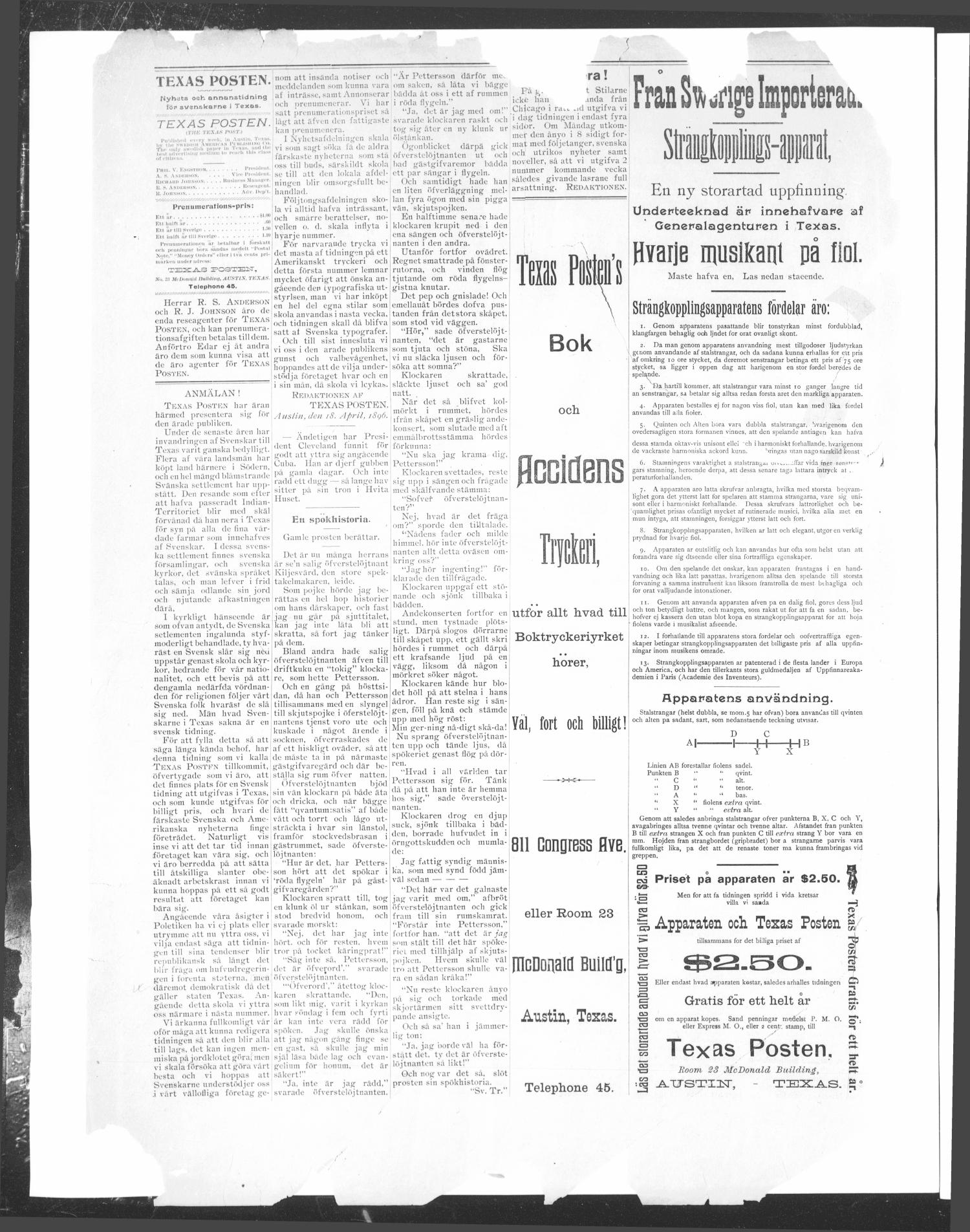 Texas Posten (Austin, Tex.), Vol. 1, No. 1, Ed. 1 Saturday, April 18, 1896
                                                
                                                    [Sequence #]: 2 of 4
                                                