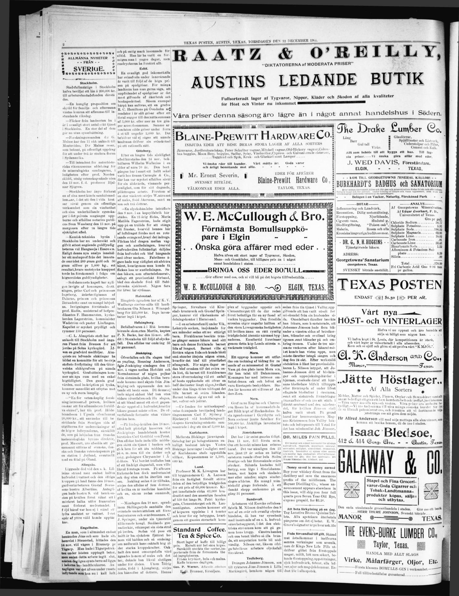 Texas Posten (Austin, Tex.), Vol. 6, No. 50, Ed. 1 Thursday, December 12, 1901
                                                
                                                    [Sequence #]: 2 of 10
                                                