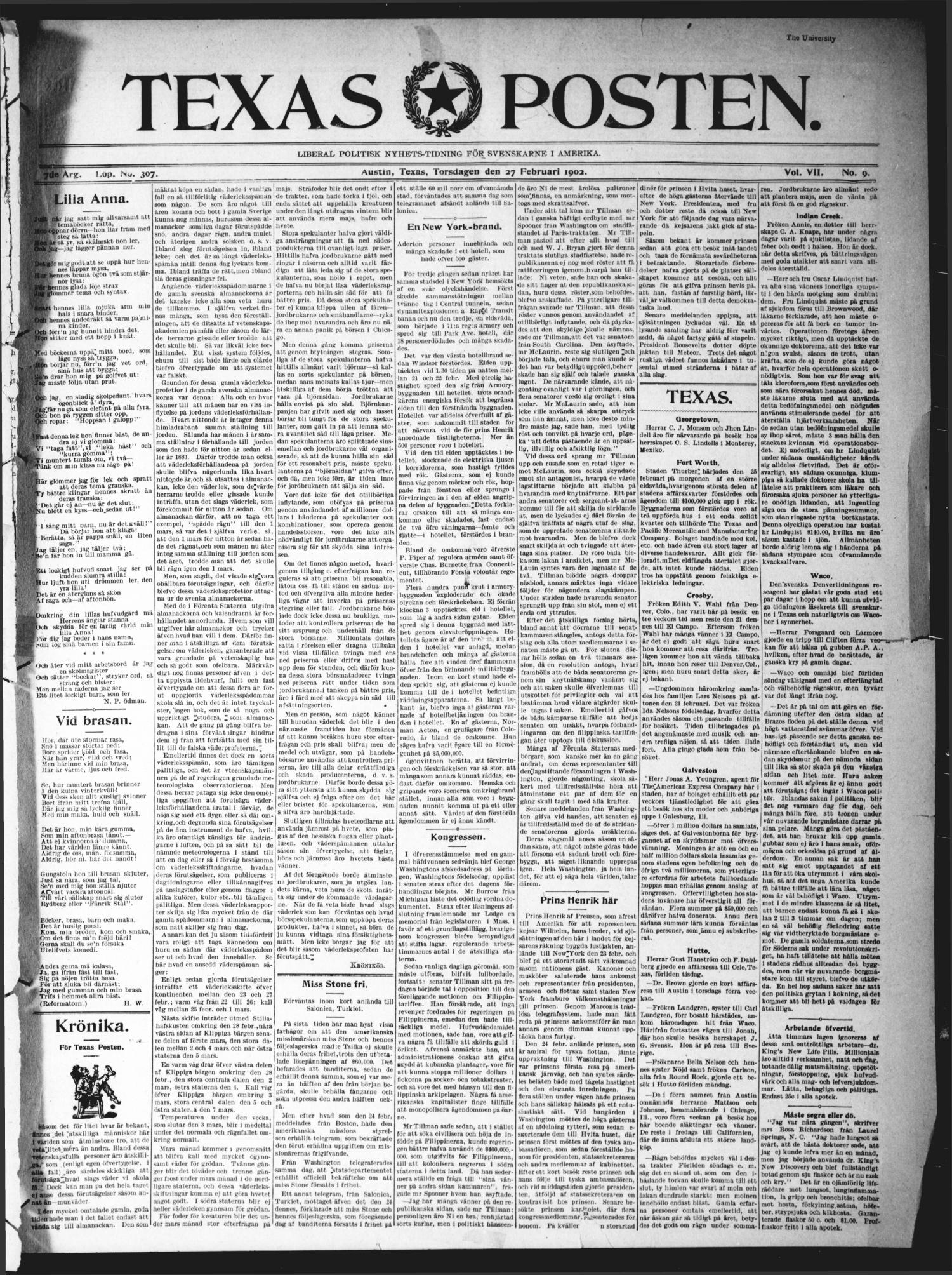 Texas Posten (Austin, Tex.), Vol. 7, No. 9, Ed. 1 Thursday, February 27, 1902
                                                
                                                    [Sequence #]: 1 of 10
                                                