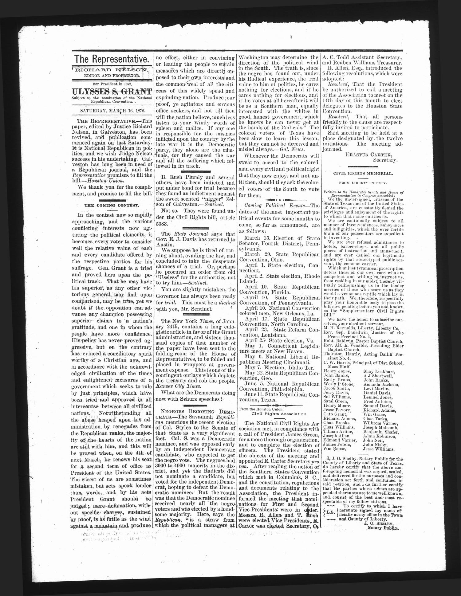 The Galveston Representative. (Galveston, Tex.), Vol. 1, No. 15, Ed. 1 Saturday, March 16, 1872
                                                
                                                    [Sequence #]: 2 of 4
                                                